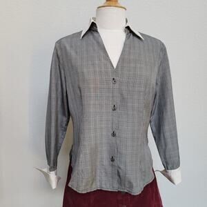 Vintage Blouse Tracy M Womens Medium  90s Y2K Silk Plaid Button Up Shirt Office